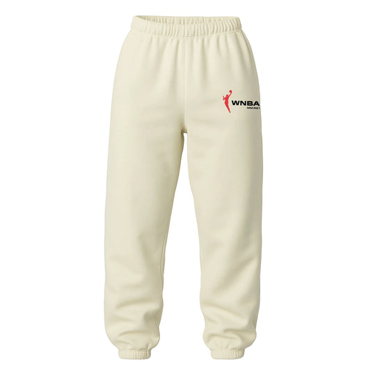 Beige sweatpants with WNBA logo on a white background featuring the Indiana Fever. Indiana Fever sweatpants.