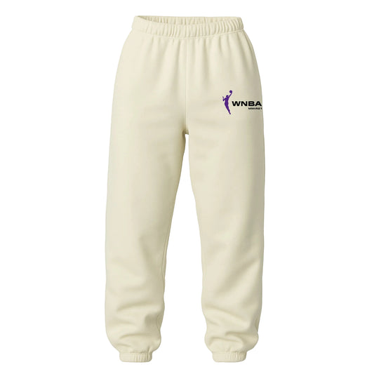 Beige sweatpants with WNBA logo on a white background. LA Sparks Sweatpants. Los Angeles Sparks Sweatpants.