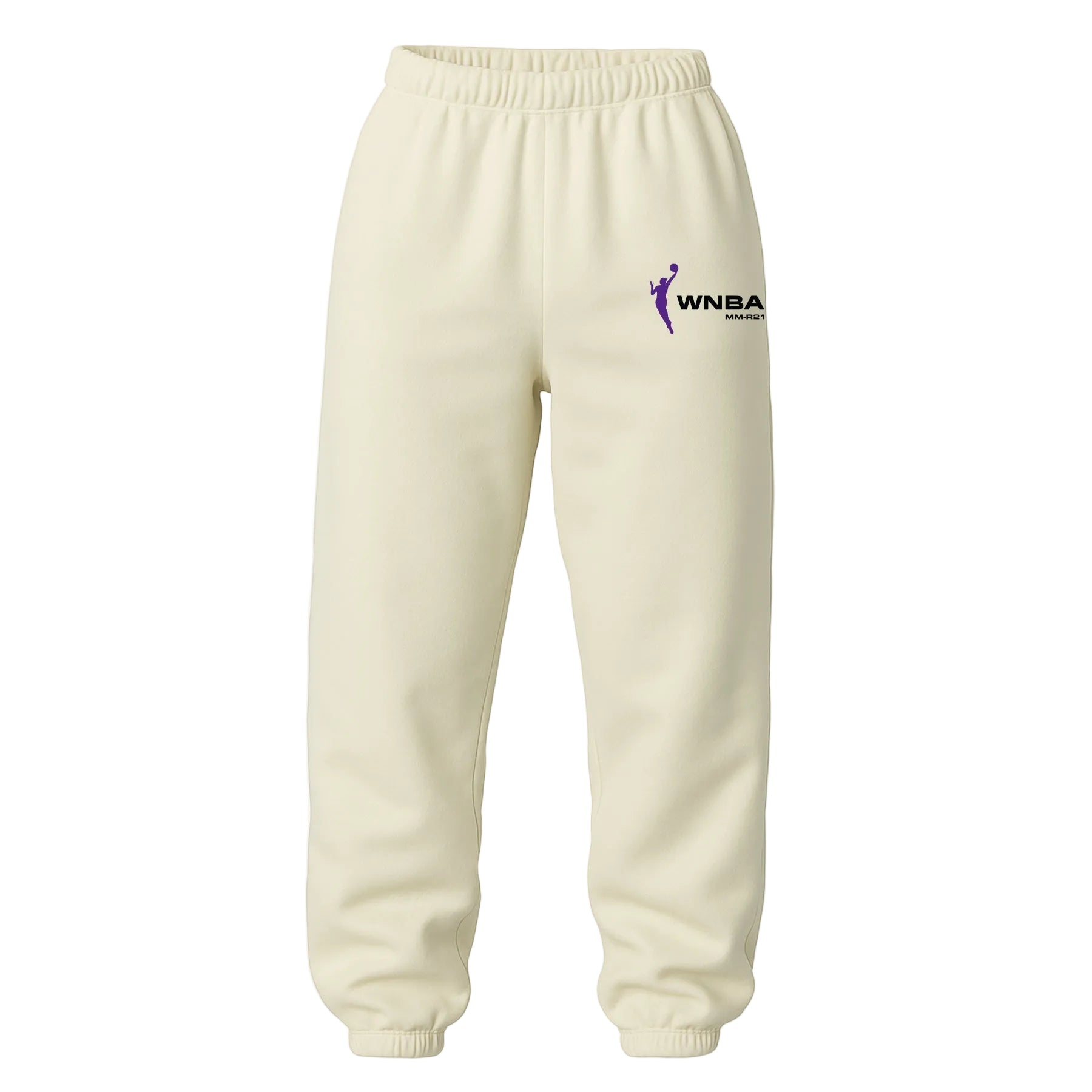 Beige sweatpants with WNBA logo on a white background. LA Sparks Sweatpants. Los Angeles Sparks Sweatpants.