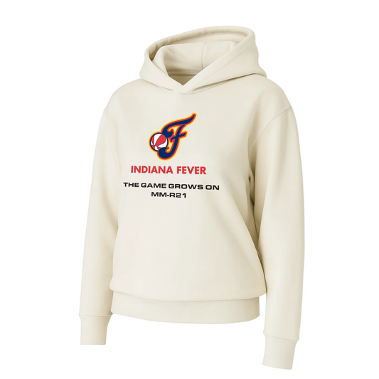 Beige hoodie with Indiana Fever logo and text on a white background. Indiana fever hoodie.
